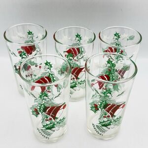 VTG Christmas Hazelware Set 5 Glass Tumblers‎ Holly/Bells 11.5 oz. Fantastic MCM